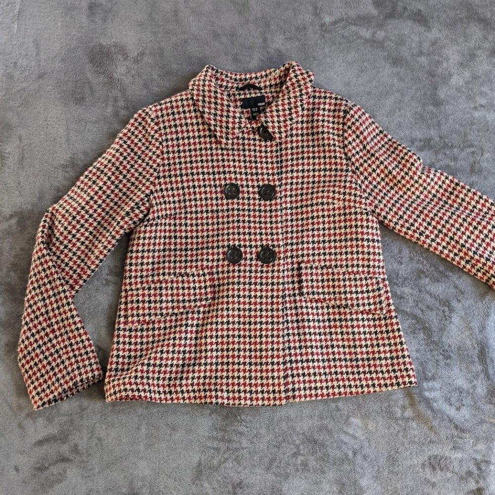 H&M wool red black and white houndstooth print coat